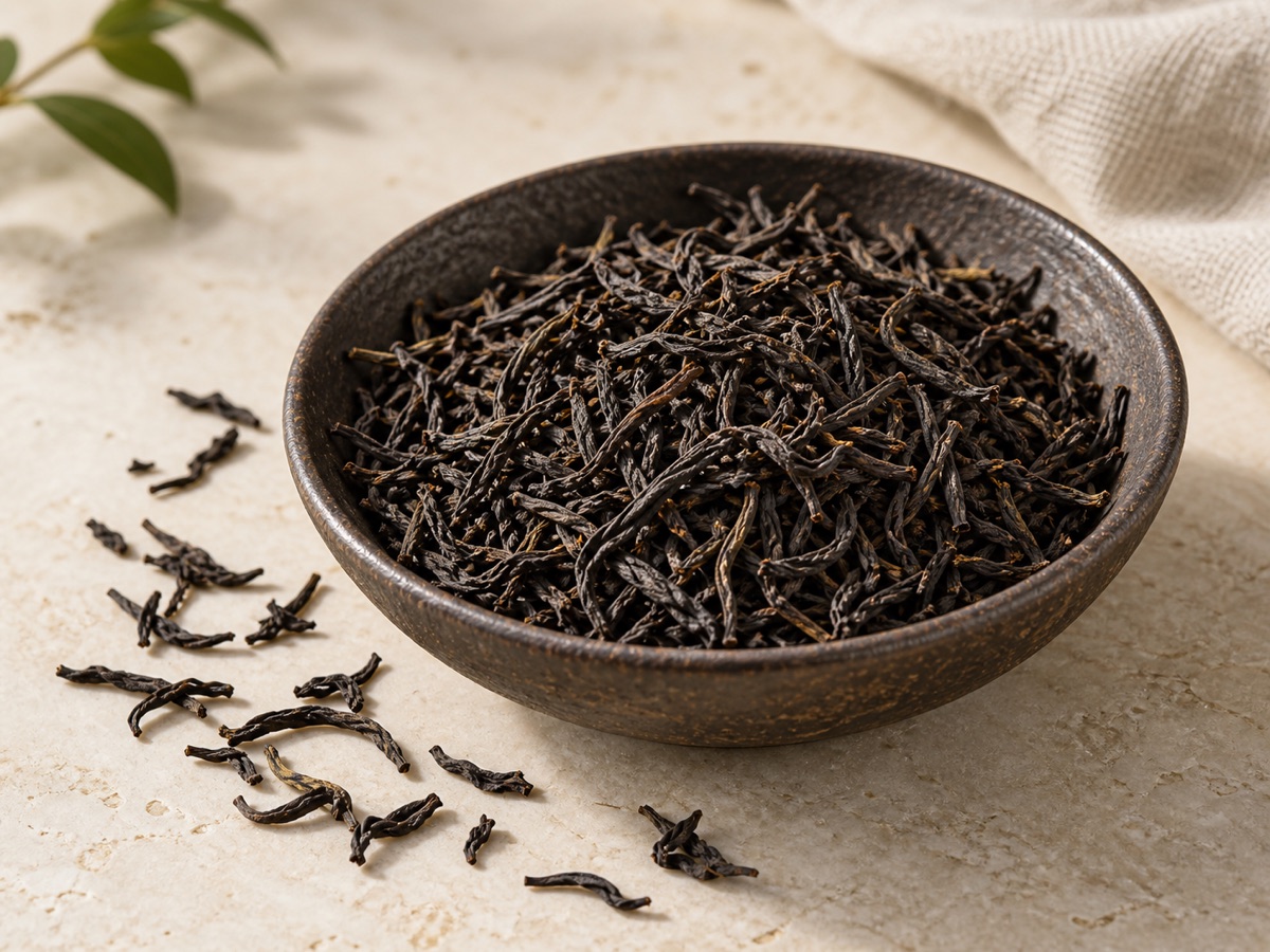 Loose black tea leaves arranged with fresh tea leaves