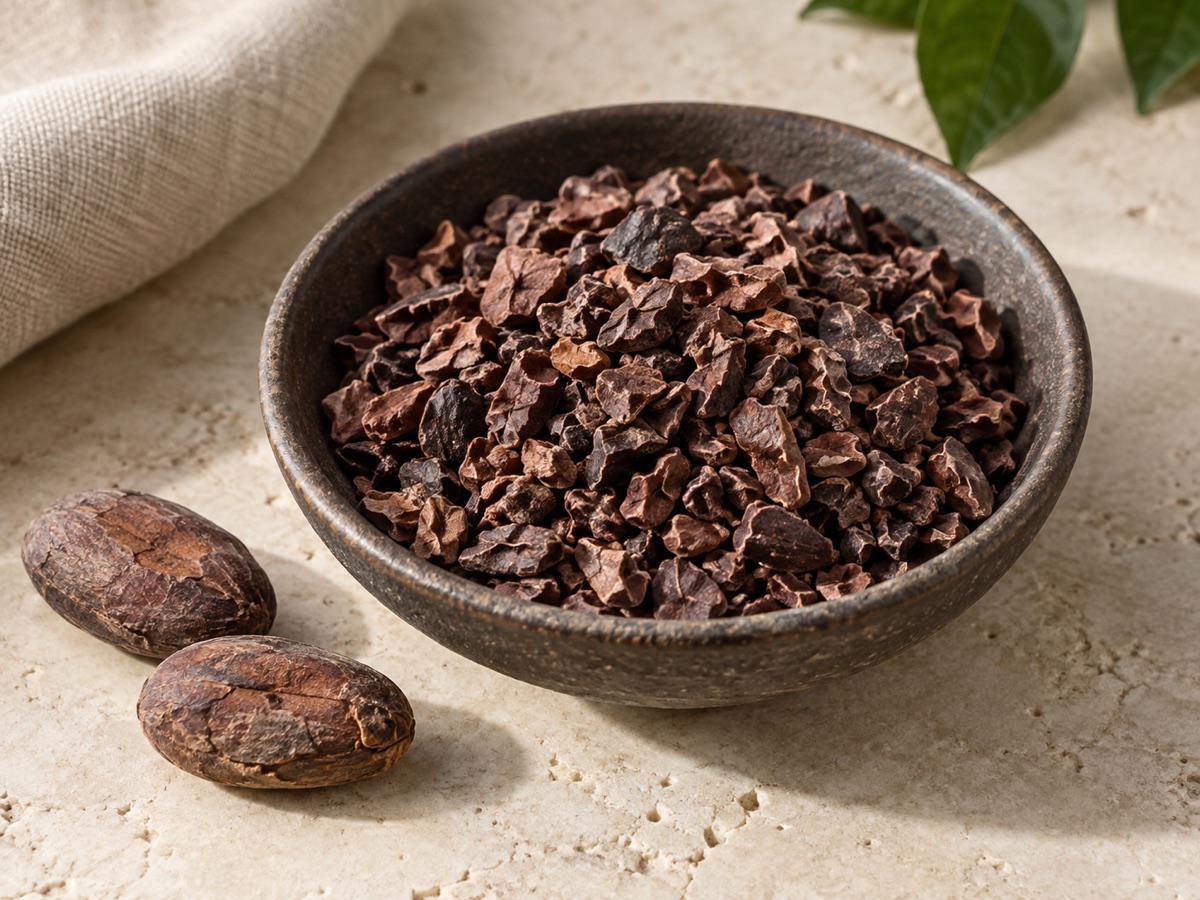 Roasted cacao nibs beside cacao pods on a warm stone surface