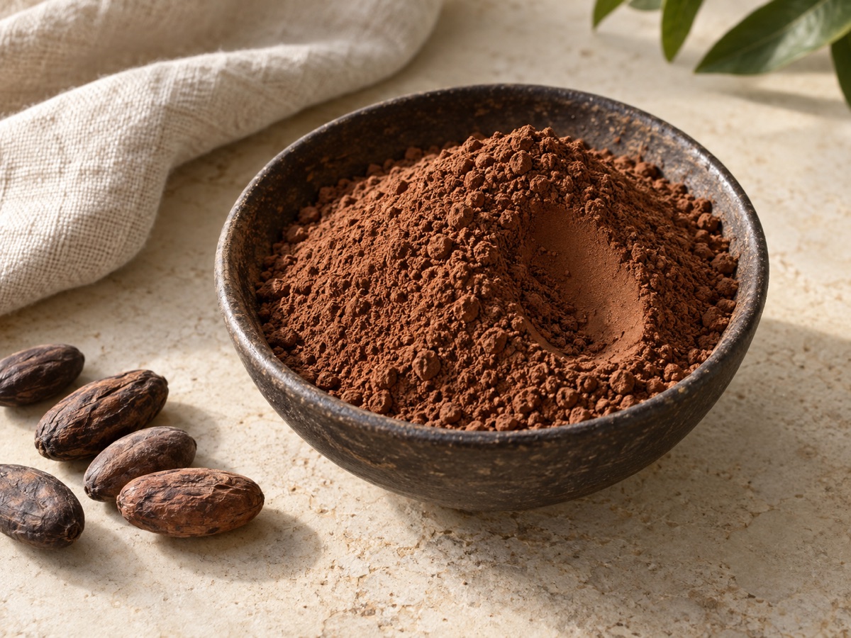 Cocoa powder and cocoa beans arranged on a warm stone surface