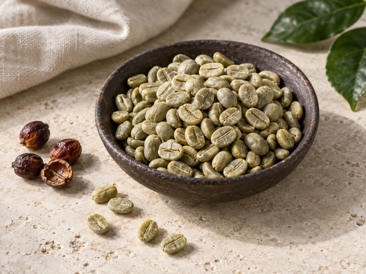 Unroasted green coffee beans with coffee cherries and leaves