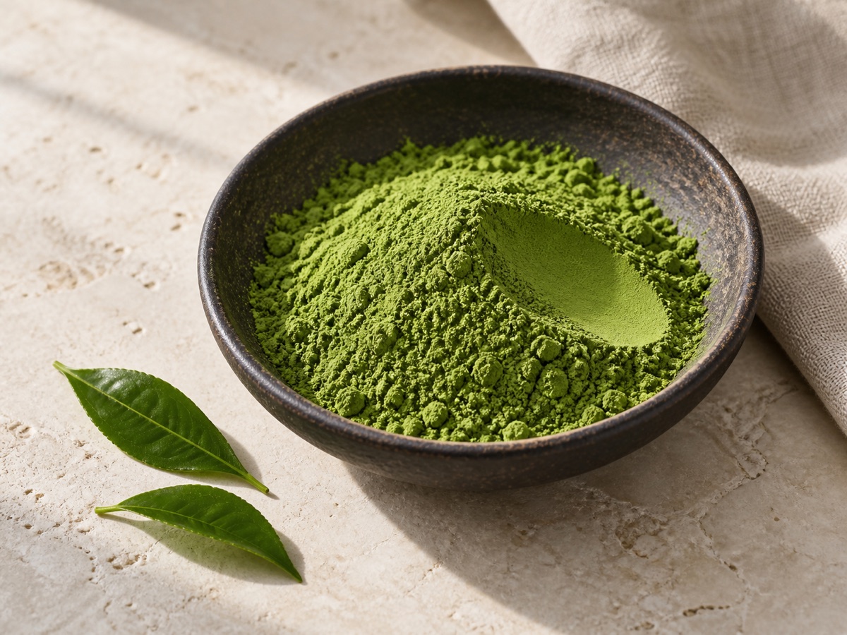 Vivid green matcha powder with tea leaves and a bamboo whisk