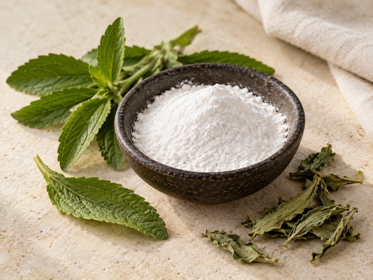 Fine stevia extract powder with fresh green stevia leaves